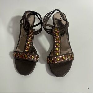 New York Transit Women's Y2K Jewel-Embellished Brown Wedge Sandals, Size 9M